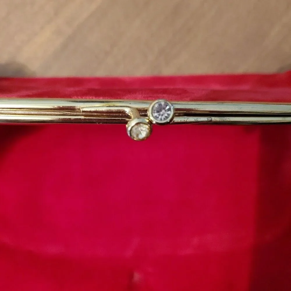Red Velvet Evening Folding Clutch Hand Bag Purse Vintage Gold Tone Hardware